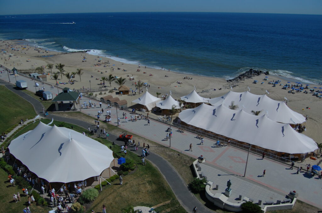 Sperry Tents Grouping New Jersey Shore Beachfront Aerial view of several Sperry Tents grouped along a beachfront promenade at the New Jersey Shore